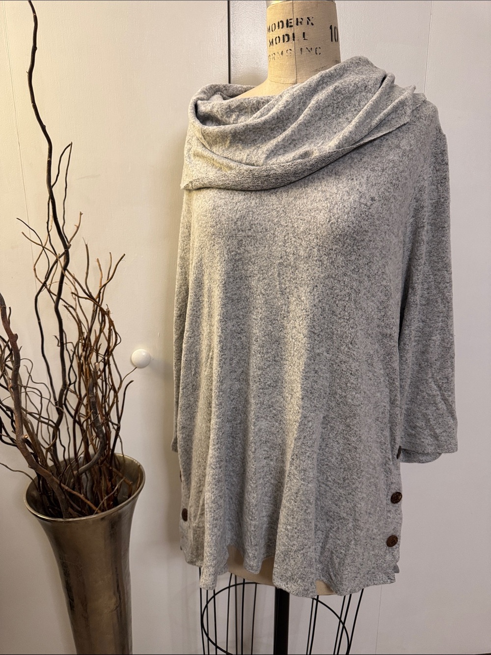 Cupio Light Heather Gray Draped Cowl Neck Sweater with Side Buttons
